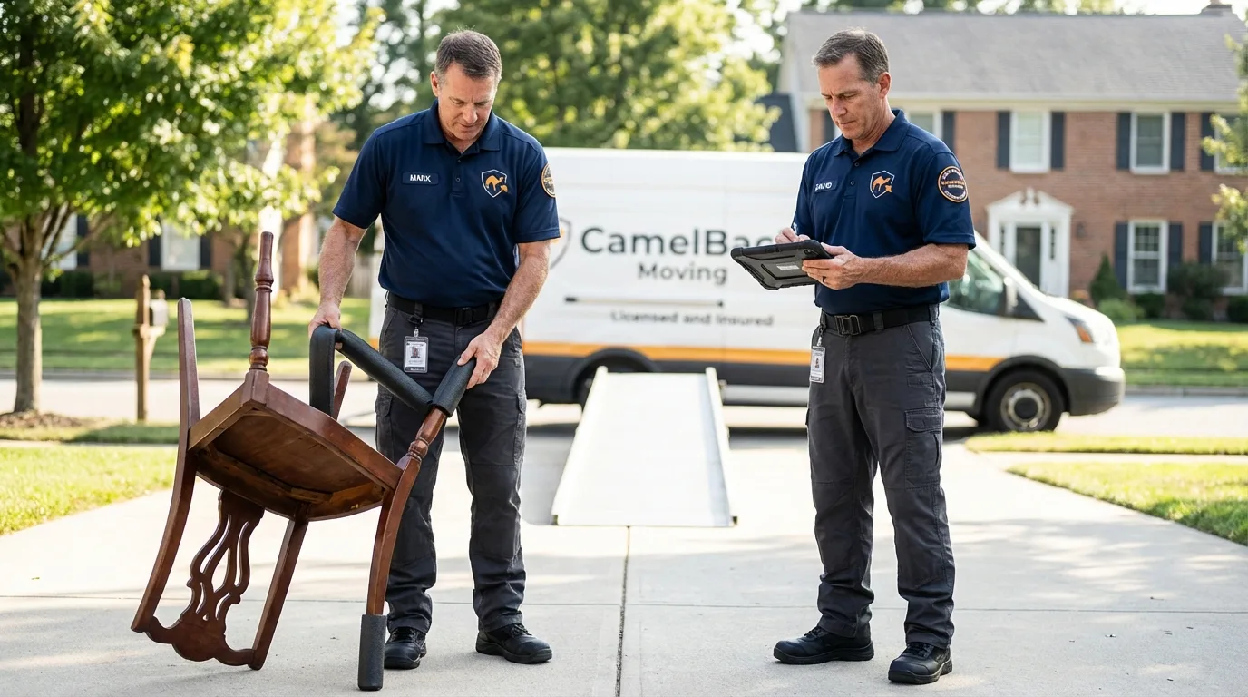 Movers inspecting furniture for damage prevention before loading in Jefferson, MD