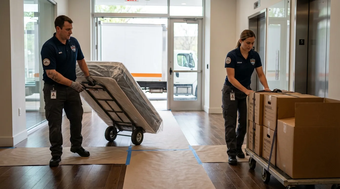 Professional apartment movers loading elevator in Jefferson, MD